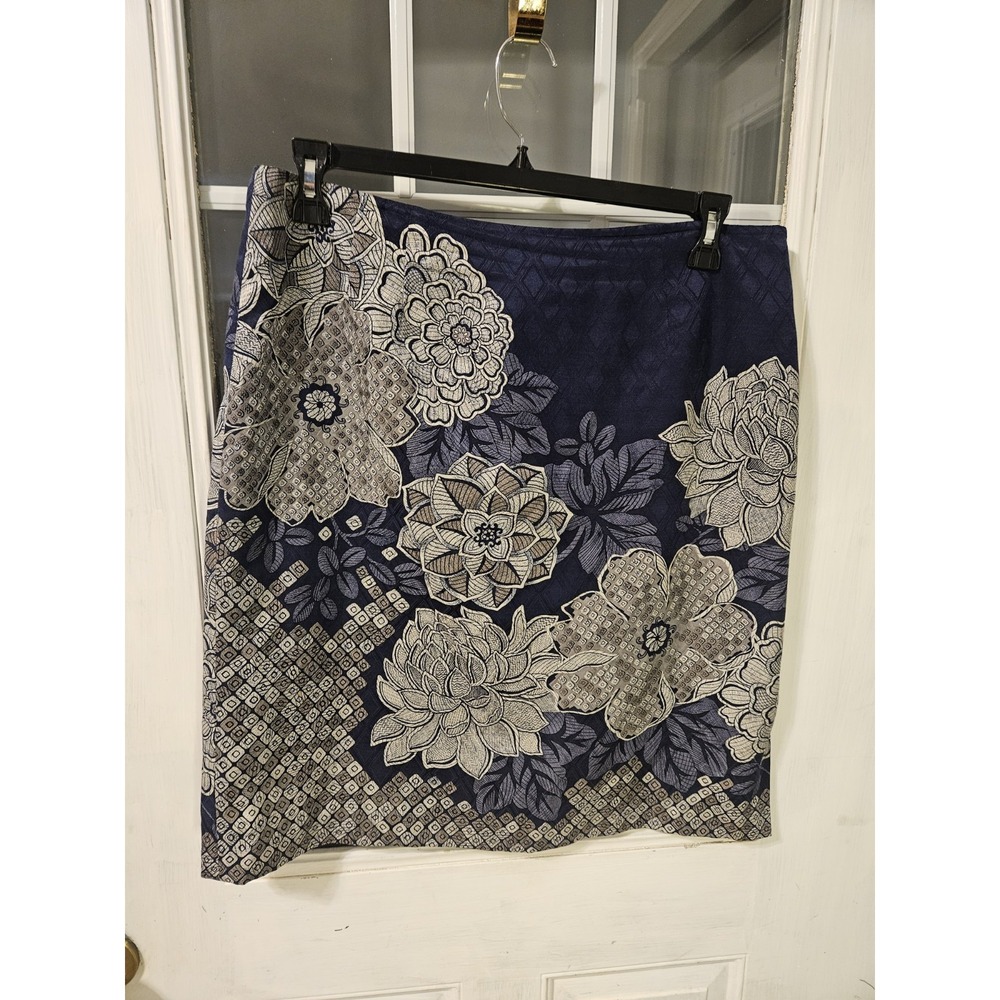 Talbots Silk Blend Floral Midi Skirt Blue Side Split Size 14